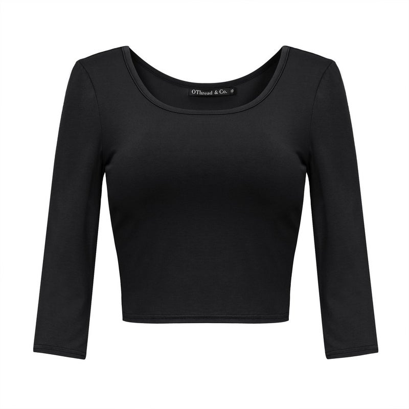 OThread & Co. Women's Crop Tops Basic Stretchy Scoop Neck 3/4 Sleeve T-Shirt (Large, Black) - Image 1